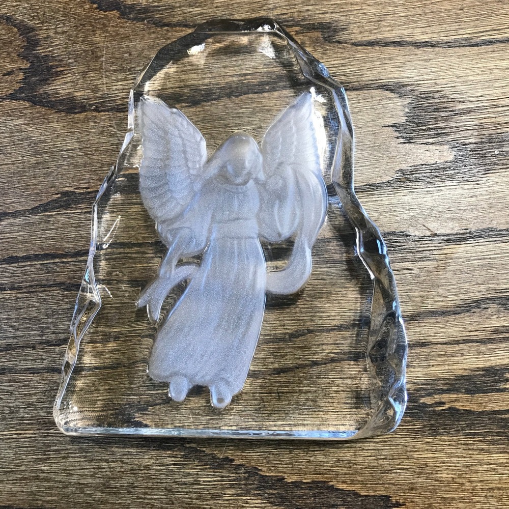 Vintage Nybro Sweden Crystal Angel Paperweight Frosted Intaglio Ice Block Glass